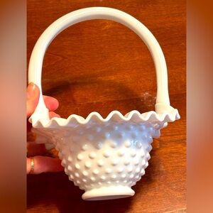 Vintage FENTON Hobnail milkglass ruffled basket 7.5”